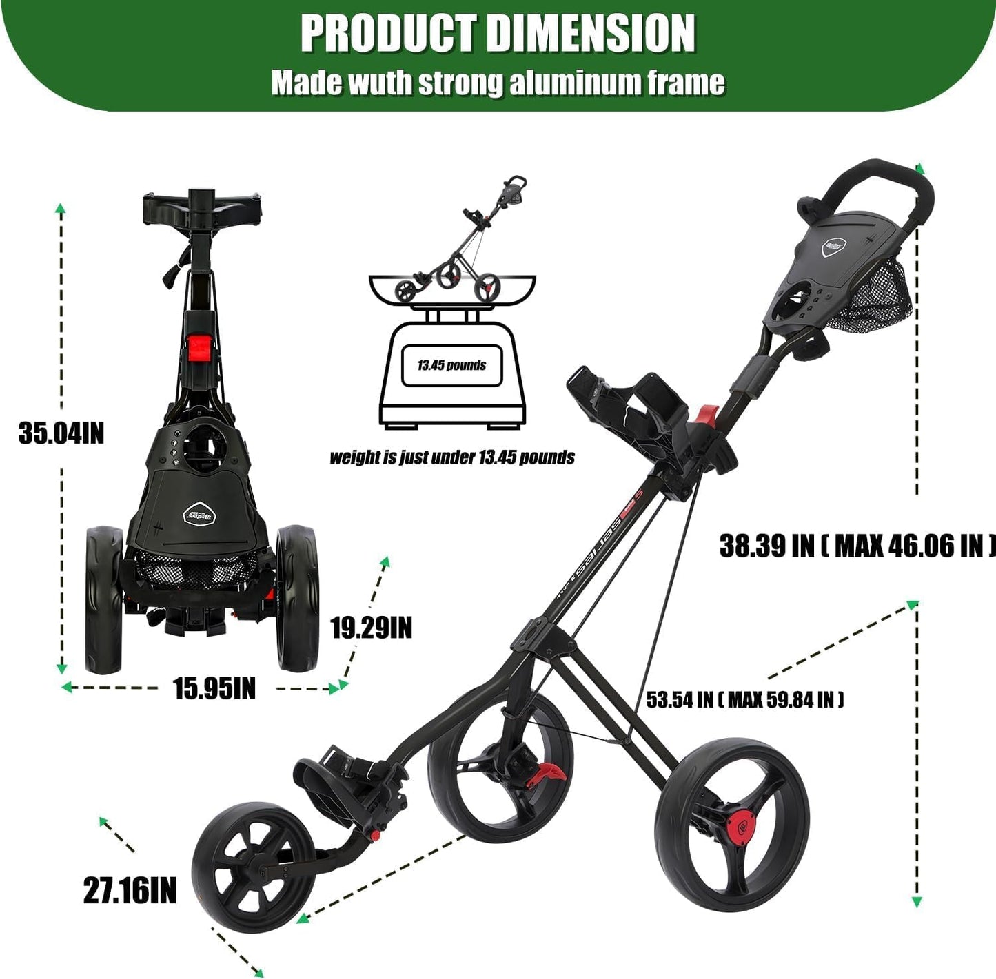 3 Wheel Golf Push Cart Folding Lightweight  for Golf Clubs and Golf Bag with Cup Holder