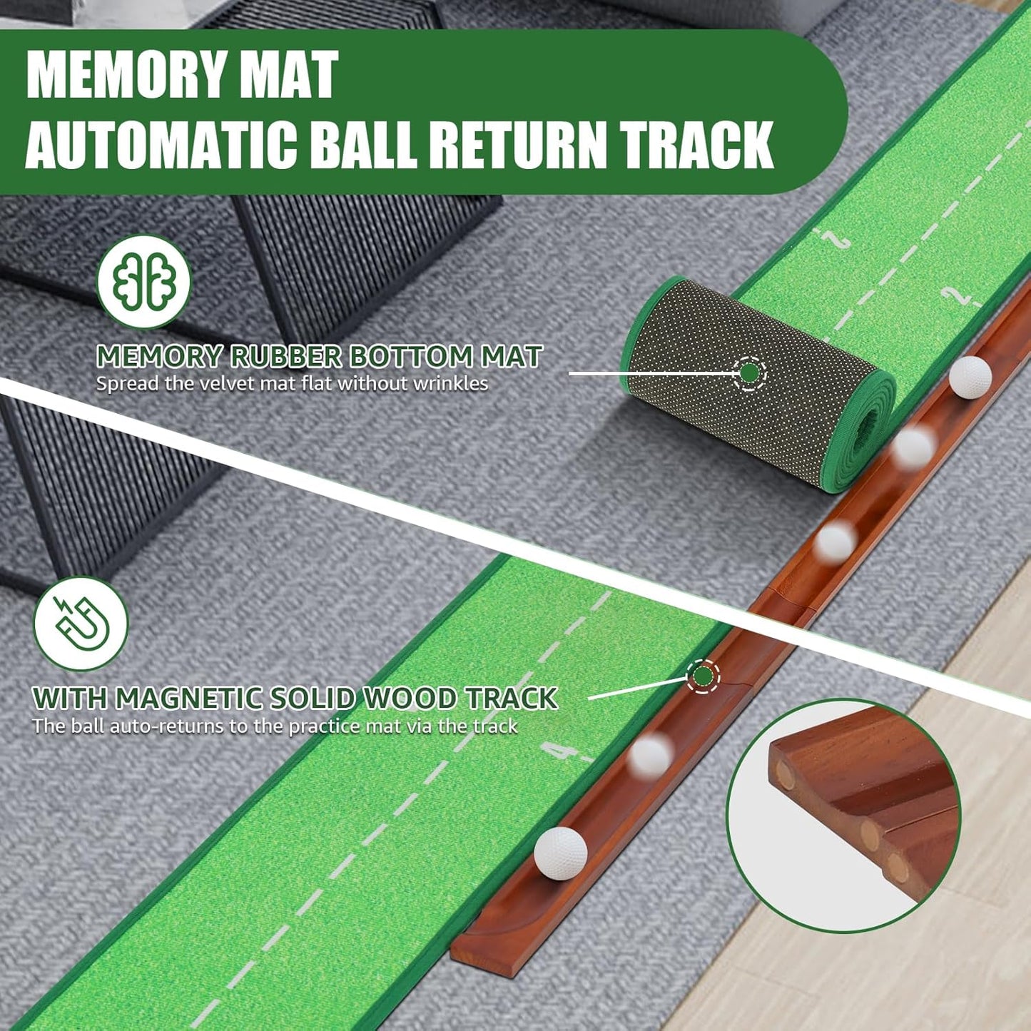 Golf Putting Mat Practice with No-Jamming Ball Return for Golf Practice Home Office, Great Gift